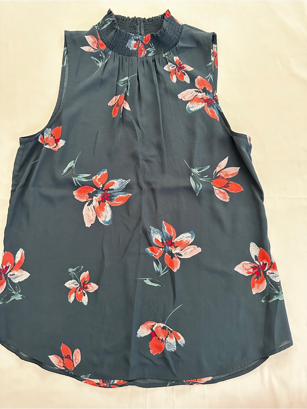 Daniel Rainn Navy Sleeveless Smocked Neck Floral Top with Red & Coral Blooms